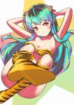  1girl absurdres animal_print arms_behind_head arms_up bangs bikini blue_hair blurry blurry_foreground breasts cleavage closed_mouth floating foot_up highres horns itou_kazuki long_hair lum oni oni_horns print_bikini print_footwear sidelocks small_breasts smile solo star_(symbol) star_print strapless strapless_bikini swimsuit tiger_print underboob urusei_yatsura yellow_bikini yellow_eyes 