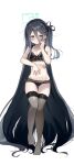  1girl absurdly_long_hair arisu_(blue_archive) ass_visible_through_thighs bare_arms bare_shoulders black_bra black_hair black_hairband black_panties black_thighhighs blue_archive blue_eyes blush bra breasts collarbone feet full_body hair_between_eyes hairband halo highres lace-trimmed_bra lace-trimmed_panties lace_trim long_hair looking_at_viewer namekuji_(namekuzu) navel no_shoes one_side_up panties simple_background small_breasts solo standing standing_on_one_leg stomach thigh_gap thighhighs underwear underwear_only very_long_hair white_background 