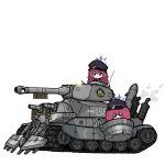  absurdres blue_archive cannon caterpillar_tracks chibi closed_mouth grey_eyes ground_vehicle halo hat highres hrna iroha_(blue_archive) long_hair metal_slug military military_hat military_uniform military_vehicle motor_vehicle peaked_cap red_hair shoe_(metal_slug) simple_background tank uniform wavy_hair white_background 