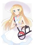  1girl bag bangs blonde_hair blunt_bangs blush braid closed_mouth collarbone collared_dress commentary dress duffel_bag eyelashes green_eyes hat highres holding_strap lillie_(pokemon) long_hair ohn_pkmn poke_ball_theme pokemon pokemon_(game) pokemon_sm see-through sleeveless sleeveless_dress solo sun_hat sundress twin_braids white_dress white_headwear 