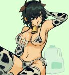  1girl animal_ears animal_print arm_behind_back bell bikini black_hair bottle breast_hold breasts chainsaw_man cleavage cow_print elbow_gloves eyepatch fake_animal_ears gloves green_background highres himeno_(chainsaw_man) large_breasts liowig looking_at_viewer midriff milk milk_bottle neck_bell open_mouth ribbon_panties short_hair simple_background solo swimsuit thighhighs 