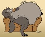  anthro belly big_belly bloated canid canine canis fur furniture grey_body grey_fur hand_behind_head hand_on_stomach kaiipwilde_(artist) male mammal muscular muscular_male overweight overweight_male rumbling_stomach sharp_teeth smile sofa solo teeth wolf 