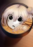  4shi ai_drawing_anime_characters_eating_ramen_(meme) blank_eyes blank_stare bowl colored_skin dango-chan_(4shi) drooling food hair_bun hair_in_food highres looking_at_viewer meme noodles open_mouth original pink_hair ramen short_hair soup staring sticks table white_skin wooden_table 