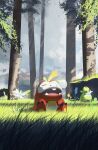  2others absurdres asteroid_ill character_request cloud flower forest fuecoco grass highres multiple_others nature on_ground pokemon pokemon_(creature) scenery sitting sleep_bubble sleeping 