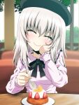  1girl bangs beret black_headwear black_ribbon blurry blurry_background casual closed_eyes closed_mouth collar commentary_request day depth_of_field dessert eating facing_viewer food frilled_collar frilled_sleeves frills fruit girls_und_panzer grey_hair hand_on_own_face hat highres holding holding_spoon indoors itsumi_erika kamishima_kanon medium_hair neck_ribbon partial_commentary pink_shirt ribbon shirt smile solo spoon strawberry tilted_headwear 