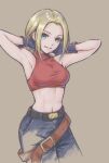  1girl absurdres armpits bangs bare_shoulders belt blonde_hair blue_eyes blue_mary breasts commentary crop_top fatal_fury fingerless_gloves gloves grey_background highres lips looking_at_viewer loose_belt medium_breasts midriff multiple_belts navel pants parted_bangs parted_lips red_tank_top shiny shiny_hair short_hair simple_background sleeveless smile solo stomach tank_top the_king_of_fighters turtleneck tya_no_ki 