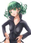  1girl bangs black_dress breasts collarbone collared_dress commentary dress eyelashes flipped_hair green_eyes green_hair hands_on_hips highres long_sleeves looking_at_viewer one-punch_man pelvic_curtain sai_(abyss05) shiny shiny_hair simple_background small_breasts solo tatsumaki teeth thighs upper_teeth white_background 