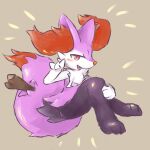  1girl \m/ absurdres alternate_color animal_ear_fluff animal_ears animal_feet animal_hands animal_nose black_fur body_fur braixen brown_background commentary fang flat_chest fox_ears fox_girl fox_tail full_body fur_collar furry furry_female hand_on_own_knee hand_up happy highres knees_together_feet_apart knees_up looking_at_viewer multicolored_fur open_mouth pokemon pokemon_(creature) purple_fur red_eyes san_(sanchimpo) shiny_pokemon simple_background sitting slit_pupils smile snout solo stick tail white_fur 