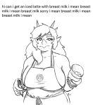  ankylosaurian ankylosaurid ankylosaurus anthro apron apron_only beverage big_breasts breasts clothing container cup dinosaur english_text female goodbye_volcano_high hair half-closed_eyes hi_res humanoid i_mean_breast_milk long_hair looking_at_viewer meme monochrome mostly_nude narrowed_eyes ornithischian raidak5 reptile rosa_(gvh) scalie side_boob sketch snoot_game_(fan_game) solo spikes spikes_(anatomy) starbucks text thyreophoran video_games 