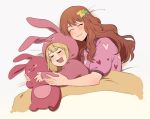  2girls :3 animal_hood blanket blonde_hair brown_hair closed_eyes drooling futaba_anzu hair_ornament hood idolmaster idolmaster_cinderella_girls long_hair lying moroboshi_kirari morphin_e multiple_girls on_side rabbit_hood sleeping stuffed_animal stuffed_bunny stuffed_toy 