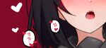  1girl artist_name black-haired_demon_girl_(shimmer) black_hair black_sailor_collar blush close-up heart open_mouth original red_background sailor_collar saliva shimmer signature simple_background solo spoken_heart translation_request 