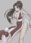  1girl absurdres bangs bare_shoulders breasts brown_eyes brown_hair cleavage collarbone commentary_request fatal_fury folded_fan folding_fan grey_background hair_ornament hand_fan high_ponytail highres holding japanese_clothes long_hair looking_at_viewer medium_breasts ninja parted_bangs parted_lips pelvic_curtain ponytail revealing_clothes rope shiny shiny_hair shiranui_mai simple_background sleeveless the_king_of_fighters thighs tya_no_ki 