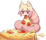  1girl angry animal_ear_fluff animal_ears animalization blonde_hair borrowed_character cheek_bulge cheese commentary commission determined eating english_commentary food fox_ears fox_girl furrowed_brow holding holding_food holding_pizza human_head jaggy_lines kemomimi-chan_(naga_u) light_blush maqinpu naga_u_(style) open_mouth original pepperoni pink_eyes pizza pizza_slice red_eyes sharp_teeth shiny shiny_hair shiny_skin simple_background solo sparkling_eyes teeth v-shaped_eyebrows white_background worm 