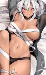  1girl alternate_costume armpits black_panties breasts chest_sarashi closed_mouth dark-skinned_female dark_skin glasses grey_hair hair_between_eyes highres kantai_collection large_breasts long_hair looking_at_viewer lying musashi_(kancolle) navel on_back on_bed panties red_eyes rimless_eyewear sarashi simple_background solo stomach toes underwear undone_sarashi very_long_hair white_background yunamaro 