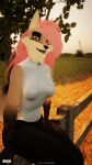  3d_(artwork) anthro barefoot canid canine canis claws clothed clothing cloud cloudscape detailed_background digital_media_(artwork) feet female fence fox fur grass grey_body grey_fur hair hi_res impreza mammal multicolored_body multicolored_fur outside paws pink_hair plant sky smile solo tan_body tan_fur text toes tongue tree tridognait wheat 