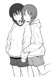  arm_grab casual closed_mouth commentary girls_und_panzer greyscale hood hood_down hoodie leg_up looking_at_viewer monochrome mutsu_(layergreen) nishizumi_maho nishizumi_miho shorts siblings sisters smile standing standing_on_one_leg sweater 