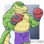  2022 absurd_res alligator alligatorid anthro augustolad bottomwear boxing_gloves boxing_shorts brok_(character) brok_the_investigator clothing crocodilian green_body handwear hi_res male musclegut muscular muscular_male reptile scalie shorts solo video_games 