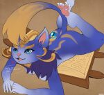  &lt;3 anthro anthrofied blue_body blue_eyes blue_fur book breasts butt claws dialogue domestic_cat feet felid feline felis female fur league_of_legends mammal open_book pawpads quangdoann riot_games solo video_games whiskers yuumi_(lol) 