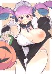  1boy 1girl alternate_breast_size blue_hair blush breast_slip breasts cleavage clothes_lift halloween_bucket highres hololive large_breasts maid maid_headdress minato_aqua multicolored_hair nipples no_bra open_mouth panties purple_eyes purple_hair skirt skirt_lift thick_thighs thighhighs thighs underwear virtual_youtuber yamada_naoko_(kodamayanao) 