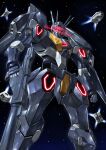  asaba_naoto clenched_hand funnels_(gundam) glowing glowing_eyes gun gundam gundam_pharact gundam_suisei_no_majo head_tilt holding holding_gun holding_weapon looking_down mecha no_humans red_eyes robot science_fiction solo space v-fin weapon 