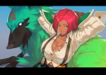  1girl absurdres arms_behind_head badge belt blue_eyes breasts brown_gloves cleavage collarbone dark-skinned_female dark_skin giovanna_(guilty_gear) gloves gradient gradient_background green_fur guilty_gear guilty_gear_strive highres ippo large_breasts lips long_sleeves looking_at_viewer parted_lips red_hair rei_(guilty_gear) shirt short_hair suspenders white_shirt wolf 