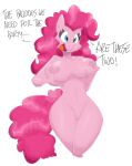  2021 anthro anthrofied big_breasts blue_eyes breast_grab breasts dialogue digital_media_(artwork) earth_pony english_text equid equine female flutterthrash friendship_is_magic genitals hair hand_on_breast hasbro hi_res horse long_hair mammal my_little_pony navel nipples nude open_mouth open_smile pink_body pink_hair pink_nipples pink_tail pinkie_pie_(mlp) pony pussy simple_background smile solo text thick_thighs white_background wide_hips 