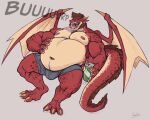 beard belly beverage big_belly brown_hair bulge burping dragon facial_hair faustoxiii hair hand_on_stomach horn male overweight overweight_male scalie soda solo wings 