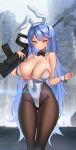  1girl absurdres anima_(togashi) animal_ears assault_rifle bangs bare_shoulders black_bow black_bowtie blue_hair blurry blurry_background bow bowtie breasts bullpup cleavage closed_mouth collarbone curvy depth_of_field detached_collar fake_animal_ears girls&#039;_frontline gun hairband highleg highres holding holding_gun holding_weapon imi_tavor_tar-21 large_breasts leotard long_hair looking_at_viewer pantyhose playboy_bunny rabbit_ears rifle skindentation smile sniper_rifle solo standing strapless strapless_leotard tar-21_(girls&#039;_frontline) thigh_gap very_long_hair weapon white_leotard wrist_cuffs yellow_eyes 