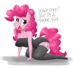  5_fingers all_fours anthro blue_eyes breasts butt clothing cutie_mark dialogue digital_media_(artwork) earth_pony english_text equid equine female fingers flutterthrash friendship_is_magic hair hasbro hi_res horse kneeling legwear long_hair mammal my_little_pony open_mouth open_smile pink_body pink_hair pink_tail pinkie_pie_(mlp) pony simple_background smile solo stockings text white_background 