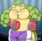  2022 absurd_res alligator alligatorid anthro augustolad bottomwear boxing_gloves boxing_shorts brok_(character) brok_the_investigator clothing crocodilian fighting_ring green_body handwear hi_res male one_eye_closed overweight overweight_male reptile scalie shorts solo video_games 