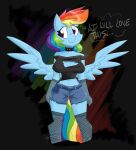  2020 anthro anthrofied belt blue_body blue_feathers bottomwear clothing collar digital_media_(artwork) equid equine feathers flutterthrash friendship_is_magic hair hasbro hi_res looking_aside mammal multicolored_hair multicolored_tail my_little_pony pegasus pink_eyes rainbow rainbow_dash_(mlp) rainbow_hair rainbow_tail shirt shorts smile smirk spiked_collar spikes spread_wings topwear torn_clothing wings 