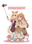  2girls :3 blonde_hair bow bracelet brown_eyes brown_hair brown_shorts bunny_ears_prank double_v futaba_anzu hair_bow idolmaster idolmaster_cinderella_girls jewelry long_hair long_skirt low_twintails moroboshi_kirari morphin_e multiple_girls open_mouth sandals selfie selfie_stick shorts sitting skirt smile stuffed_animal stuffed_bunny stuffed_toy twintails v wavy_hair 