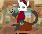  ambiguous_gender anthro butt clothing dialogue dizzy_(dizzymilky) domestic_cat felid feline felis heterochromia mammal pickaxe potion potion_bottle raymousie solo store wanted_poster 