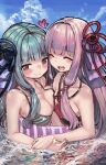  2girls ^_^ absurdres asymmetrical_docking bangs bare_legs bare_shoulders bikini blue_hair blue_sky blush breast_press breasts cleavage closed_eyes closed_mouth cloud collarbone day flat_chest hair_ornament heart highres innertube kotonoha_akane kotonoha_aoi light_blue_hair long_hair medium_breasts microa multiple_girls open_mouth outdoors pink_hair red_eyes shared_innertube siblings sisters sky smile striped striped_bikini striped_innertube swimsuit teeth upper_teeth voiceroid water 