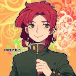  1boy character_name earrings eyebrows_hidden_by_hair gakuran green_eyes jewelry jojo_no_kimyou_na_bouken kakyoin_noriaki laphy male_focus orange_background red_hair school_uniform smile solo stardust_crusaders upper_body 