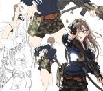  absurdres belt bikini brown_hair camouflage camouflage_shorts close-up earrings gun hair_ornament hairclip handgun highres holding holding_gun holding_weapon holster jewelry long_hair mole mole_under_mouth original rifle shorts swimsuit utsuda weapon 
