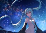  1girl :o aqua_hair aqua_necktie blush breasts commentary detached_sleeves haruhitooo hatsune_miku highres long_hair long_sleeves looking_away medium_breasts necktie night outdoors sky sleeveless solo star_(sky) starry_sky twintails upper_body vocaloid 
