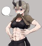  1girl abs blonde_hair blue_eyes close-up clothes_in_mouth clothes_lift epakim horns mouth_hold muscular muscular_female musical_note original scar scar_on_face shirt_in_mouth shirt_lift shorts solo sports_bra sweat thick_thighs thighs 