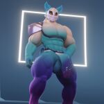  3d_(artwork) abs anthro anxiboi balls blender_(software) blue_body blue_fur bottomwear chest_tuft clothing colored_nails constellation_markings digital_media_(artwork) fluffy fluffy_tail fur genitals glowing glowing_eyes gradient_fur harness hi_res loincloth looking_at_viewer low-angle_view male mask muscular nails pecs penis purple_body purple_fur purple_nails scut_tail short_tail shoulder_guard solo solo_focus spirit thick_thighs translucent translucent_clothing tuft tufted_ears yellow_body yellow_fur 