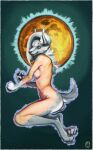  absurd_res anthro breasts butt canid canine circumjacentity claws digital_media_(artwork) digital_painting_(artwork) female green_background hi_res inner_ear_fluff looking_at_viewer mammal mid_transformation moon pinup pose side_boob signature simple_background solo tail_tuft transformation tuft were werecanid werecanine werewolf yellow_eyes 