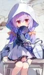  1girl atsuko_(blue_archive) bangs black_gloves blue_archive blurry bow braid commentary_request depth_of_field desk gloves haemori_ako hair_between_eyes hair_bow hair_ribbon halo highres holding holding_mask hood long_hair long_sleeves looking_at_viewer low_twintails mask on_desk purple_hair red_eyes ribbon ruins school_desk sidelocks sitting sitting_on_desk solo twin_braids twintails 