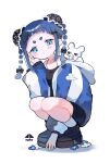  1girl bangs blue_hair blunt_bangs braid chinese_clothes closed_mouth cotono_(nazekun) flower full_body glaring highres jacket jitome long_sleeves original platform_footwear rabbit shorts solo squatting thick_eyebrows track_jacket track_suit twin_braids white_background wide_sleeves 