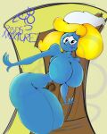  absurd_res big_breasts blonde_hair blue_body blue_skin blush breasts butt clothing female hair hat headgear headwear hi_res humanoid rbds_mixture smurfette solo the_smurfs thick_thighs 