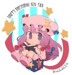  1girl artist_name bangs book bow box chibi crescent crescent_hat_ornament frown full_body hair_bow happy_birthday hat hat_ornament mob_cap morphin_e patchouli_knowledge purple_eyes purple_hair sitting solo star_(symbol) touhou 