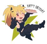  1girl black_gloves black_overalls blonde_hair breasts cleavage dorohedoro dumpling food full_body gloves happy_birthday horns large_breasts morphin_e nikaidou_(dorohedoro) open_mouth overalls ponytail red_eyes sideboob smile solo w 