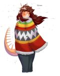  ankylosaurian ankylosaurid ankylosaurus anthro clothed clothing dinosaur eyes_closed female goodbye_volcano_high hair hi_res humanoid multicolored_body orange_body ornithischian poncho red_hair reptile rosa_(gvh) scalie simple_background smile snoot_game_(fan_game) snow solo spiked_tail spikes spikes_(anatomy) thyreophoran two_tone_body unknown_artist video_games white_background wind 