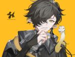  1boy arknights balloon_animal bangs black_hair black_jacket character_name closed_mouth corroserum_(arknights) ear_piercing eyebrow_piercing hair_ornament hair_over_one_eye jacket long_hair long_sleeves looking_at_viewer male_focus orange_background piercing pointy_ears simple_background snake snake_boy solo tongue ueauwa upper_body white_snake yellow_eyes 