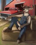  anthro antlers arm_hair balls barn body_hair boots cervid clothing erection footwear genitals hay hay_bale hi_res horn humanoid_genitalia humanoid_penis light_truck looking_at_viewer male mammal mobilemutt outside overalls penis pickup_truck reclining redneck smile solo truck_(vehicle) trucker_hat vehicle 
