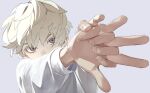  1boy bangs blonde_hair commentary foreshortening grey_background hair_between_eyes highres interlocked_fingers long_sleeves looking_at_viewer male_focus original outstretched_arms own_hands_together quark_majime reaching_out shirt simple_background solo upper_body white_shirt 