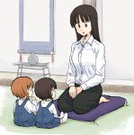  3girls aged_down bangs barefoot black_eyes black_hair black_pants blue_overalls blunt_bangs brown_hair commentary cushion dress_shirt girls_und_panzer hands_on_lap hanging_scroll indoors long_sleeves mother_and_daughter multiple_girls mutsu_(layergreen) nishizumi_maho nishizumi_miho nishizumi_shiho open_mouth overalls pants scroll shirt short_hair siblings sisters sitting socks straight_hair white_shirt white_socks wing_collar zabuton 